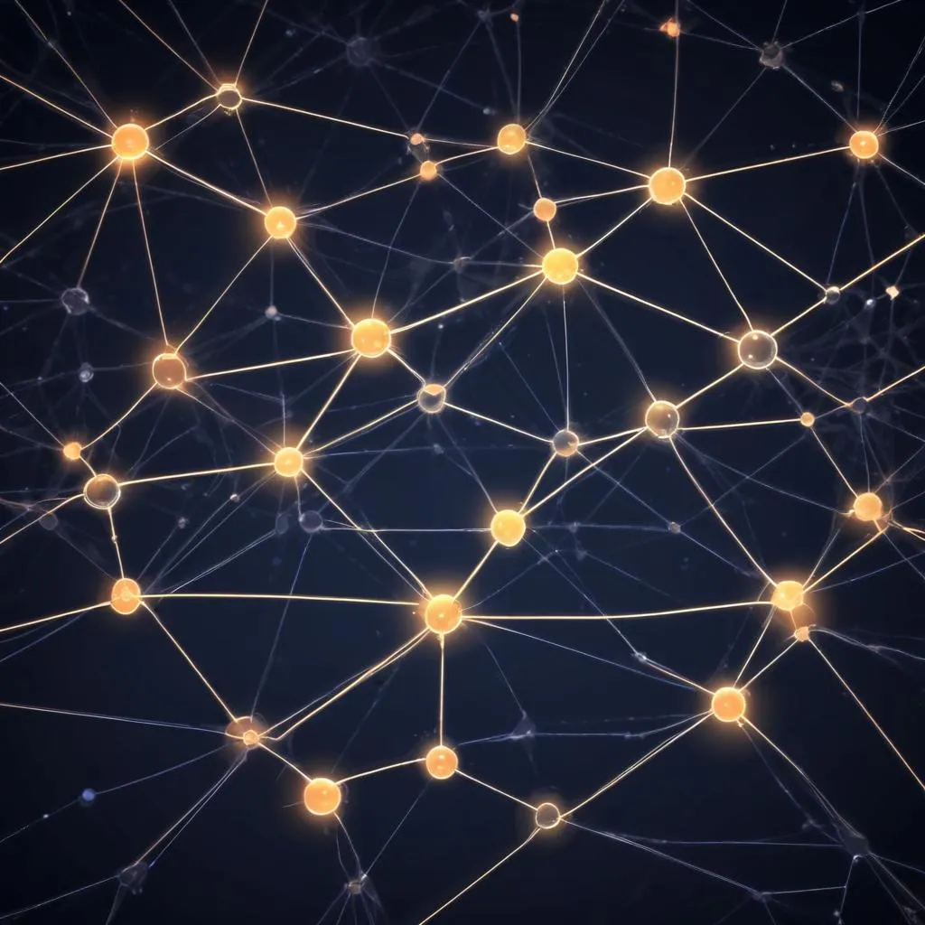 A complex network of glowing lines and nodes representing interconnected financial data and AI systems