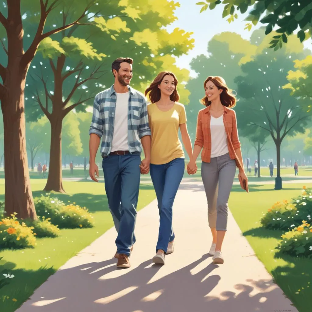A couple smiling and walking in a park, representing a stress-free life from financial peace