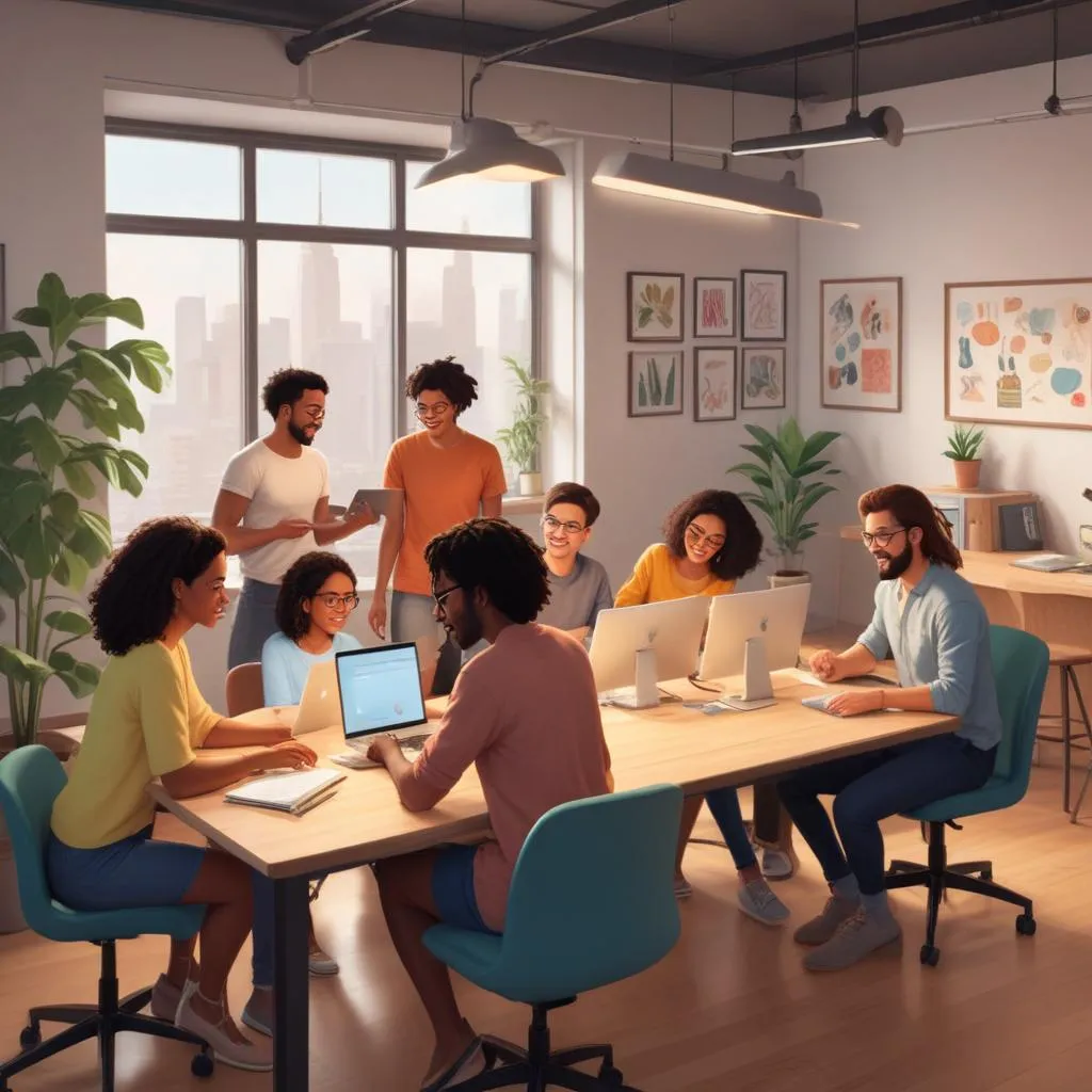A diverse group of freelancers working together in a co-working space
