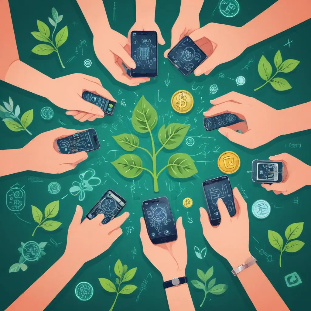A diverse group of hands holding different symbols of value: a smartphone, a plant, a circuit board, and traditional coins