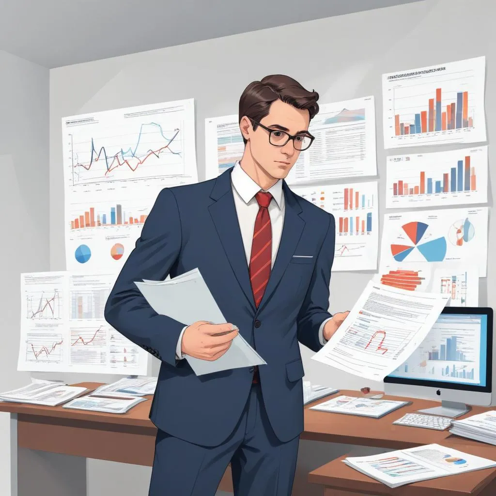 A person in a suit analyzing complex regulatory documents and data charts