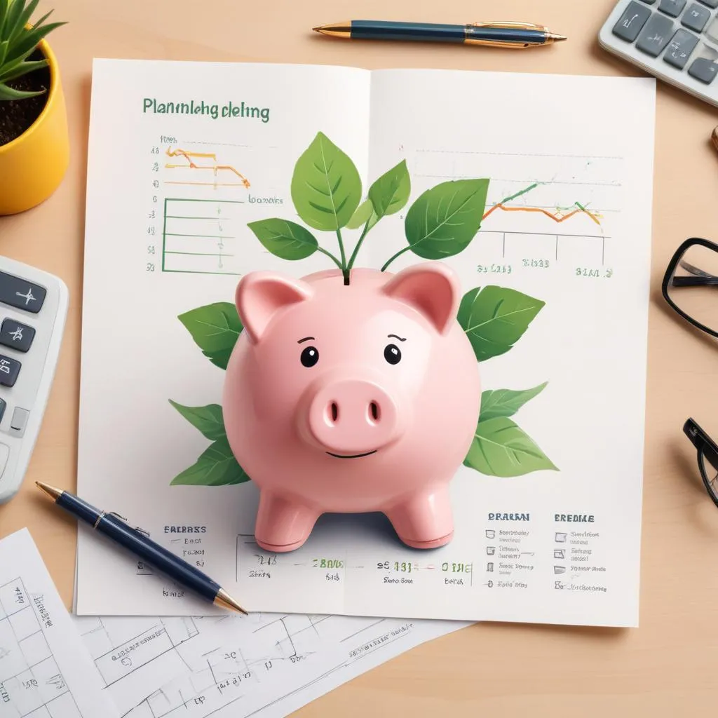 A planner with charts, a piggy bank, and a growing plant, depicting balanced financial planning