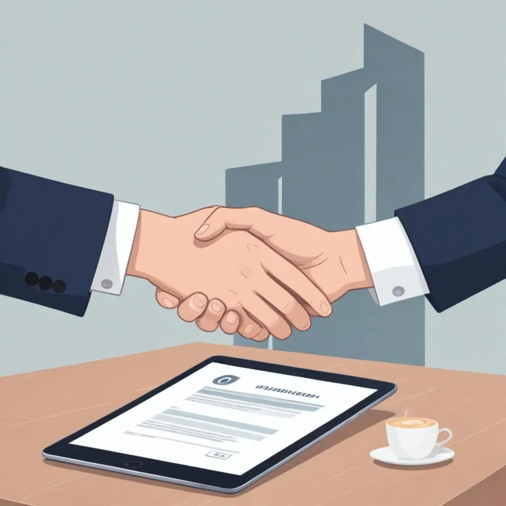 Businessperson and consumer shaking hands over a tablet showing a fair subscription agreement