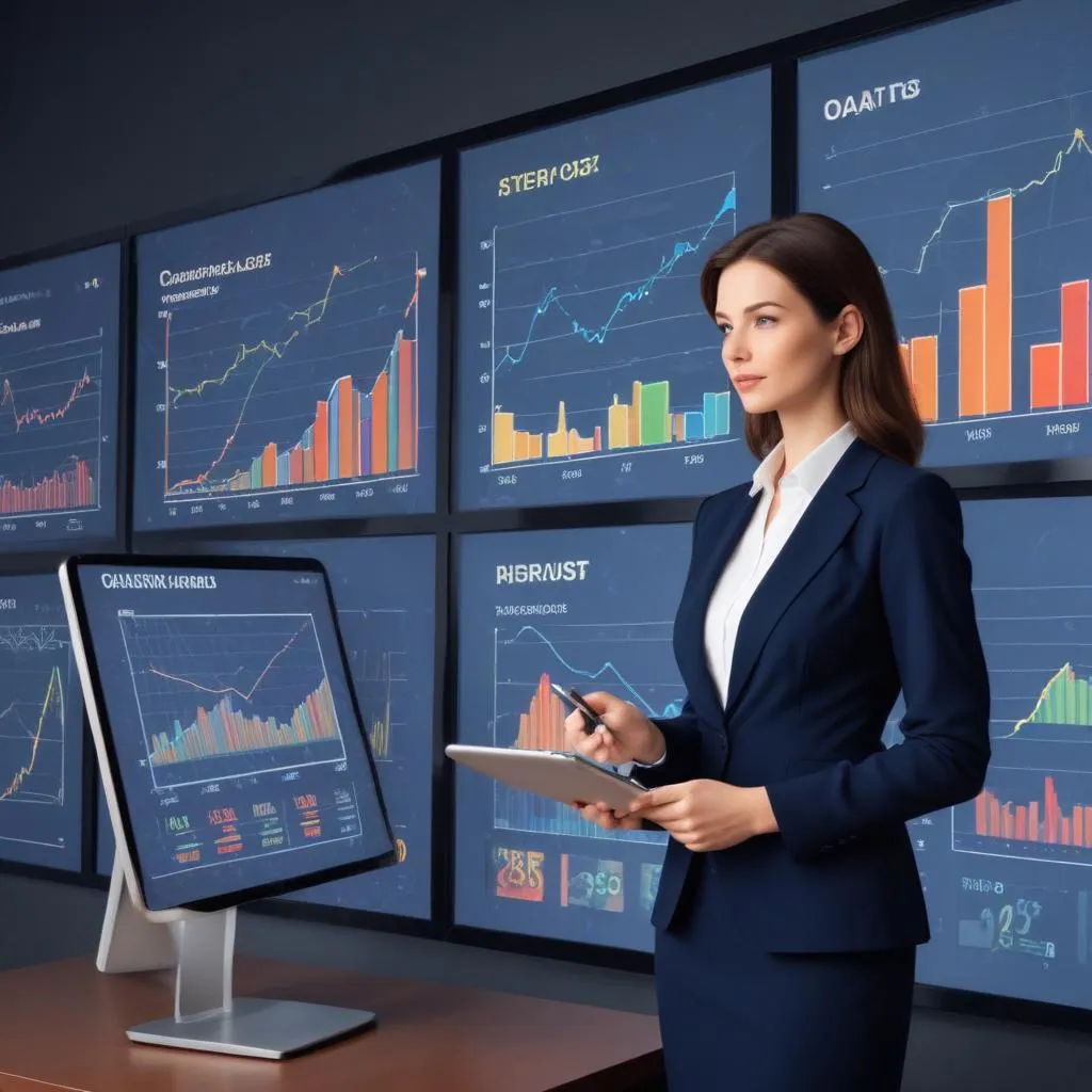 Businesswoman analyzing consumer data and trend charts on a digital screen