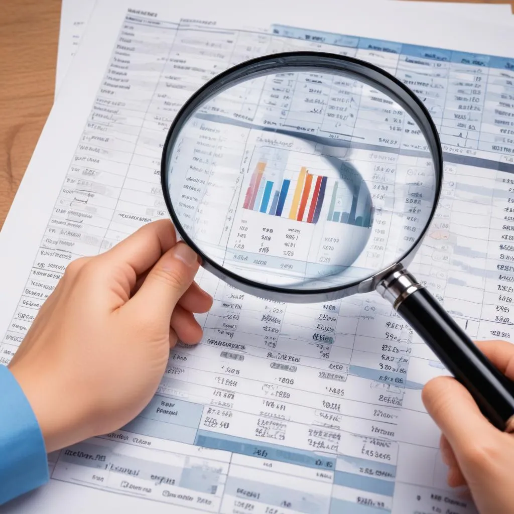 Close-up of a hand holding a magnifying glass over a budget spreadsheet