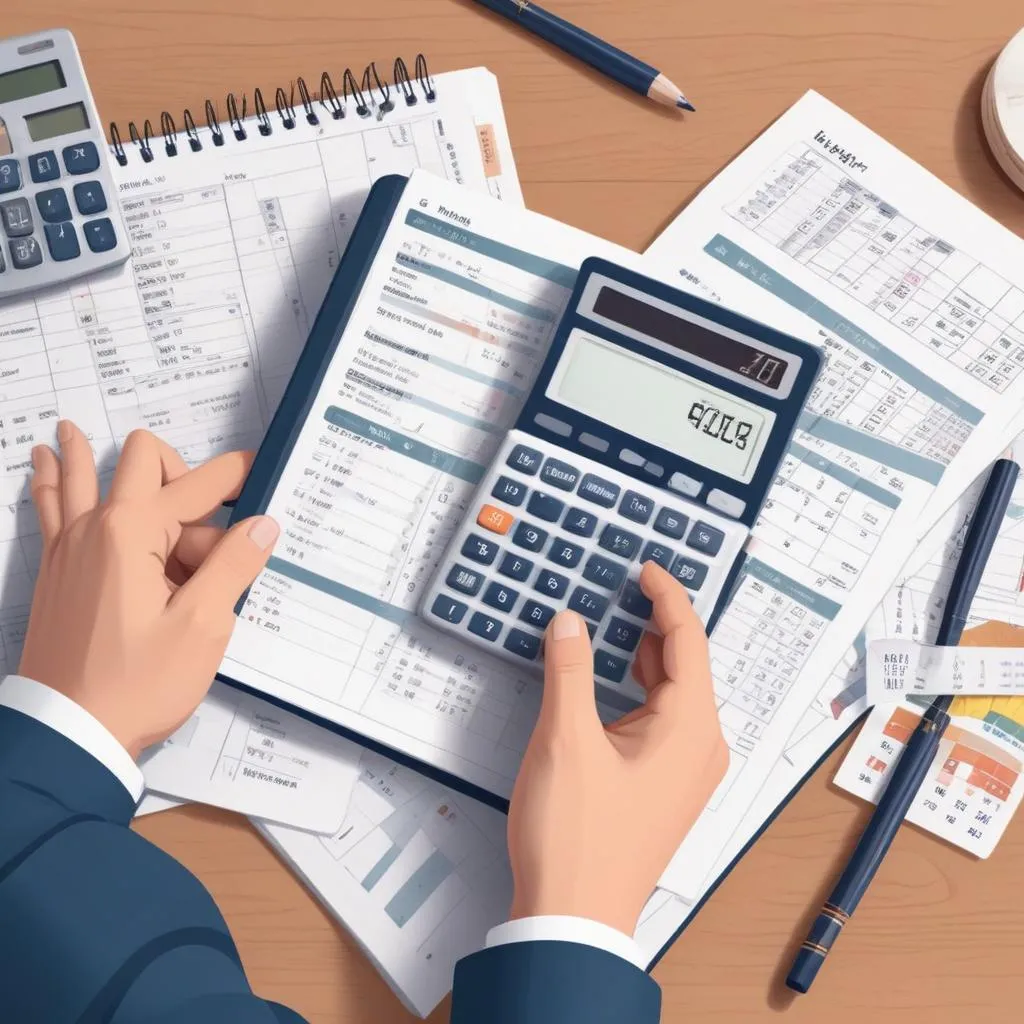 Close-up of a person's hands holding a detailed budget planner and calculator