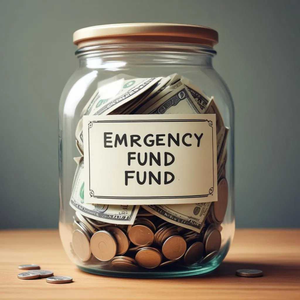 Close-up of cash in a savings jar labeled 'Emergency Fund'