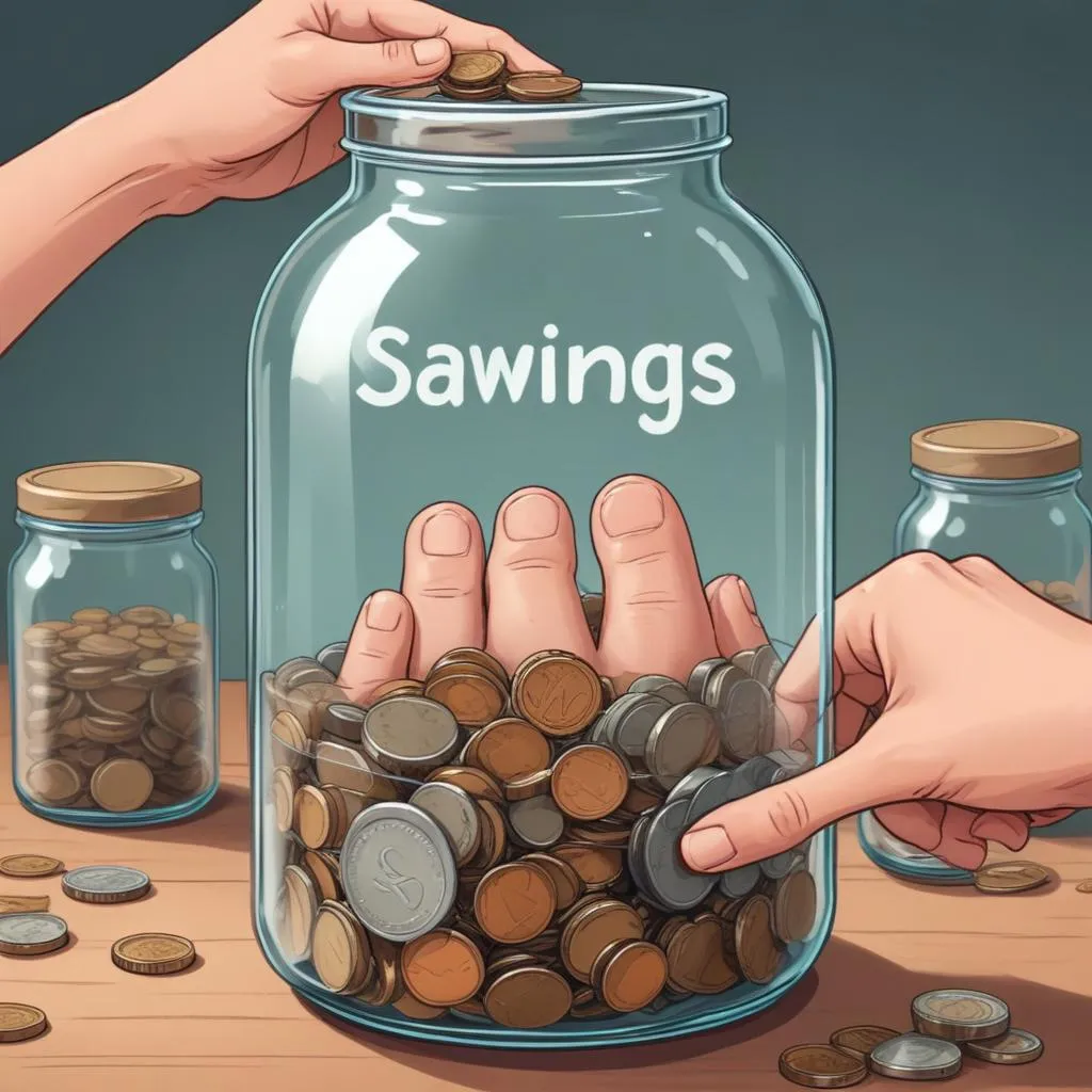 Close-up of hands putting coins into a glass jar labeled 'Savings'