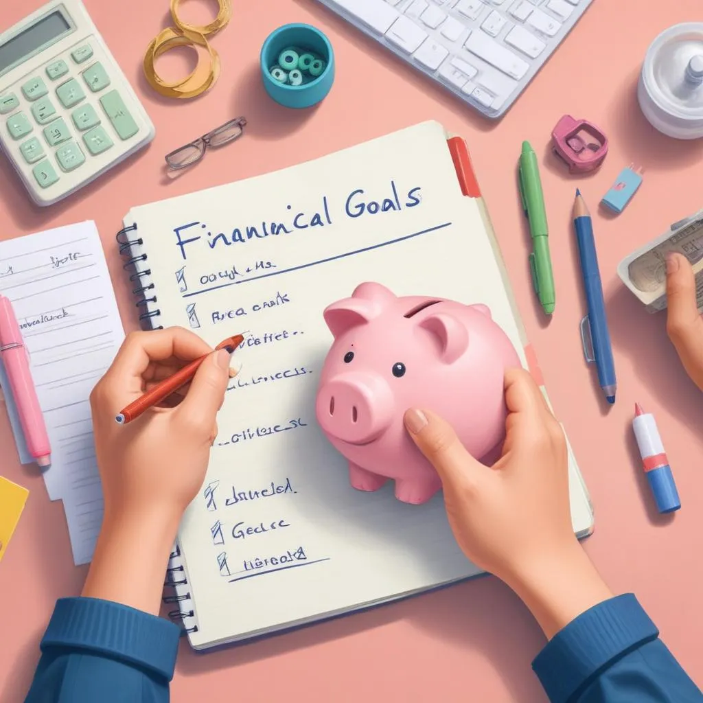 Close-up of hands writing financial goals and plans in a notebook with a piggy bank nearby