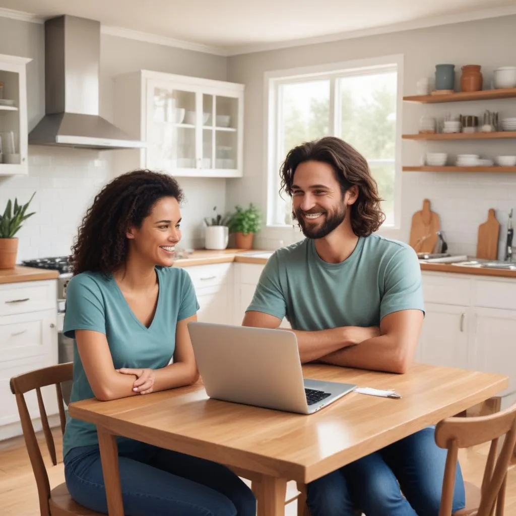 Couple smiling and discussing finances together at a kitchen table with a laptop
