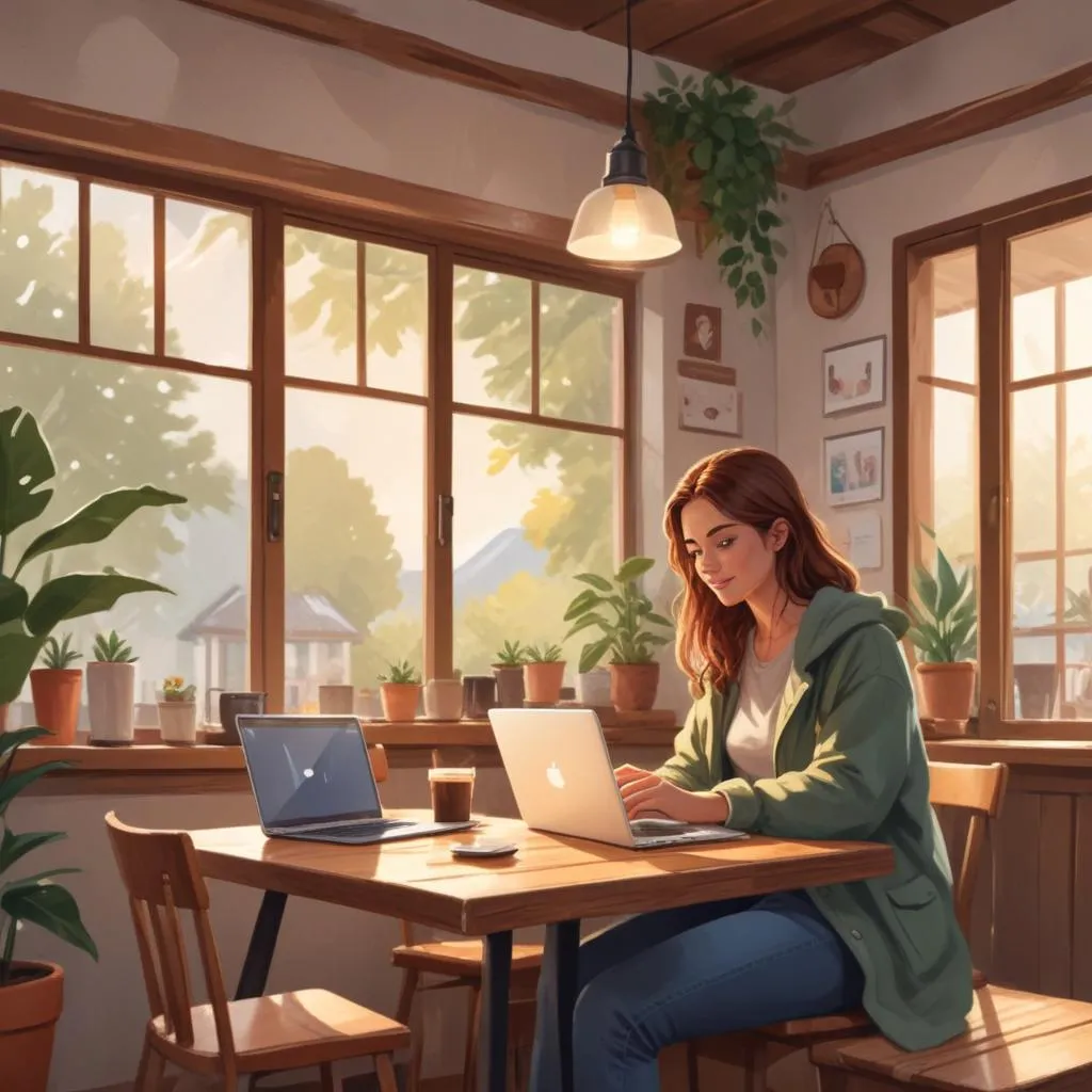 Digital nomad with laptop and coffee at a cozy cafe table