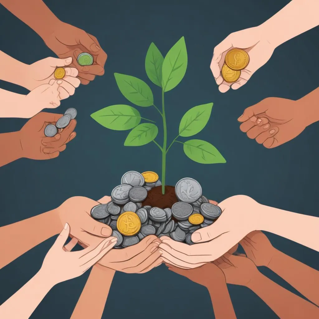 Diverse hands holding a plant growing from coins, symbolizing sustainable and values-aligned investing