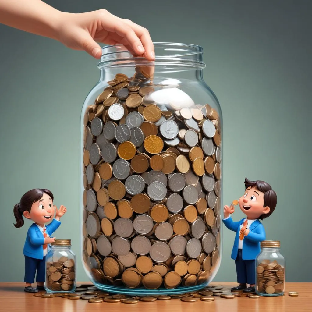 Diverse income streams visualized as multiple faucets filling a single jar with coins