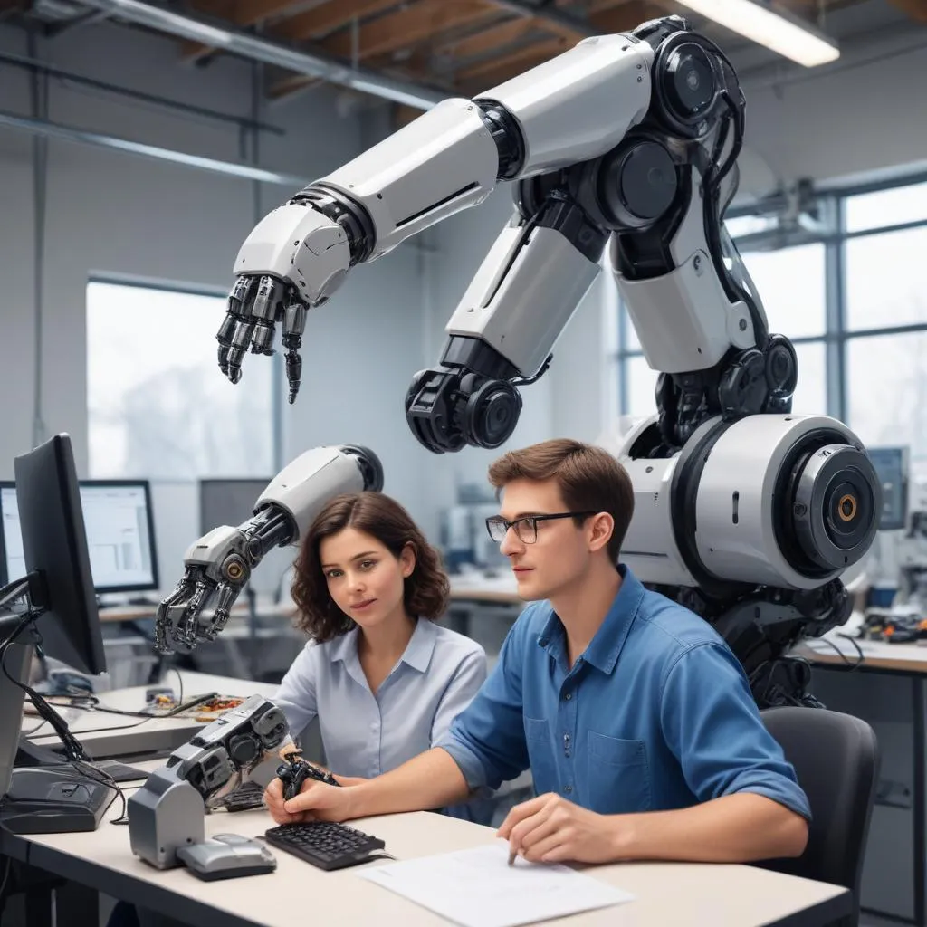 Engineer collaborating with a robotic arm in a modern manufacturing setting