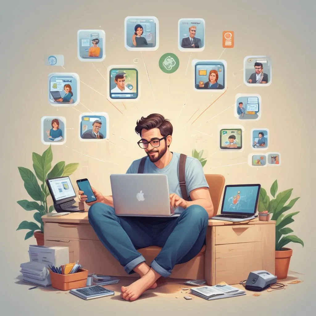 Entrepreneur working independently with multiple devices showing different income sources