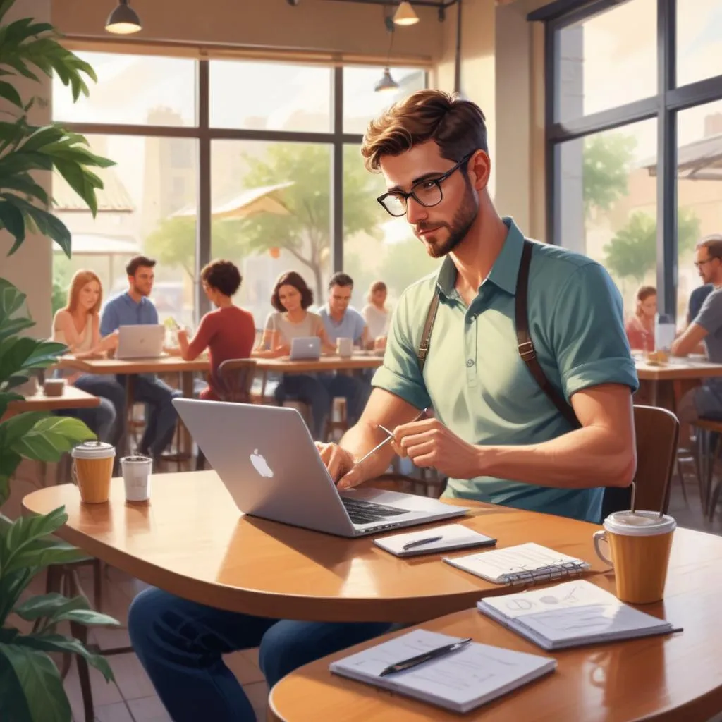 Entrepreneur working on laptop in a cafe with multiple income stream ideas on a notepad