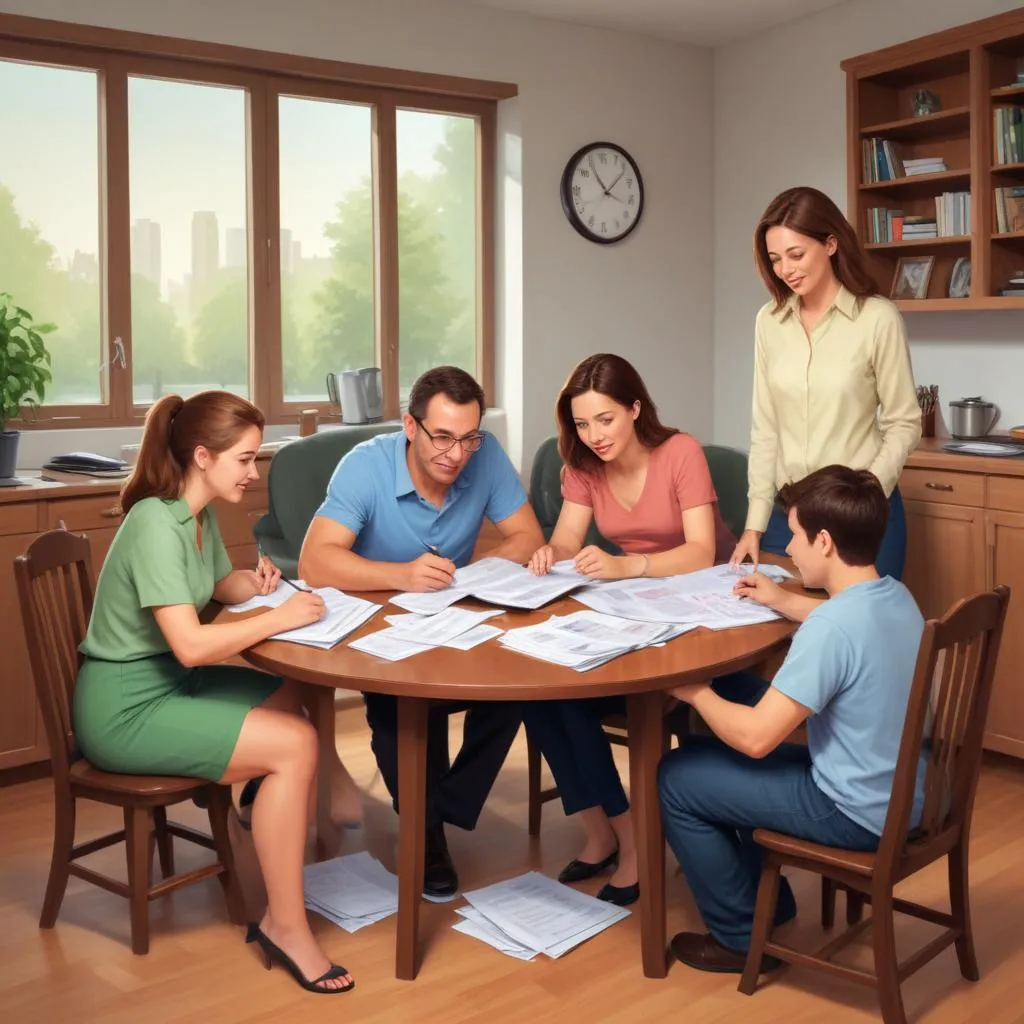 Family discussing finances around table with calculator and documents