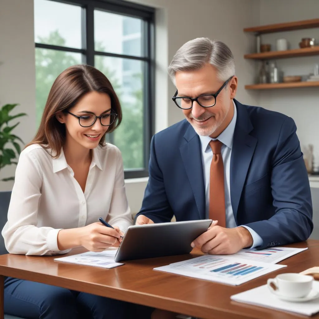Financial advisor and client reviewing a conservative, realistic financial plan on a tablet