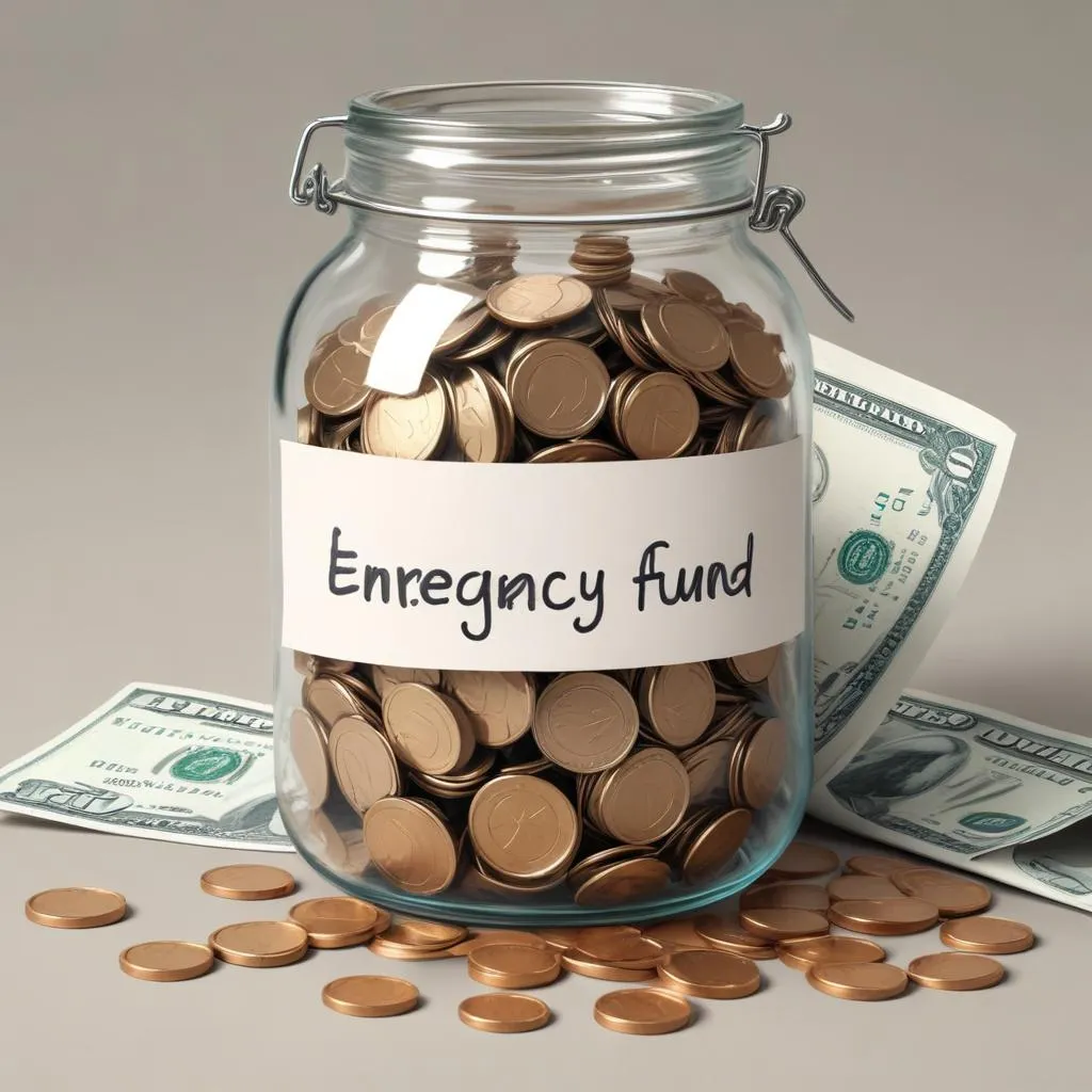 Glass jar with coins and paper money labeled 'Emergency Fund'
