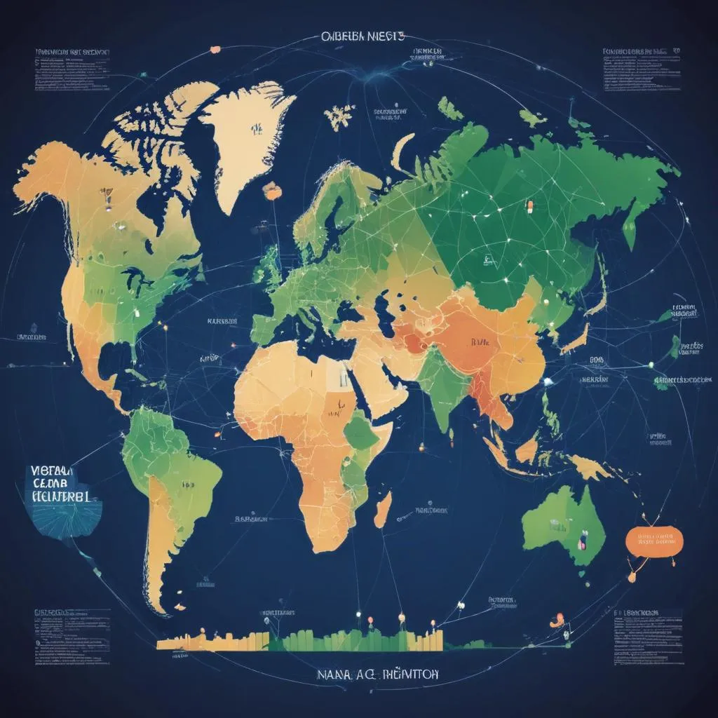 Global economic map with interconnected nodes and data flows