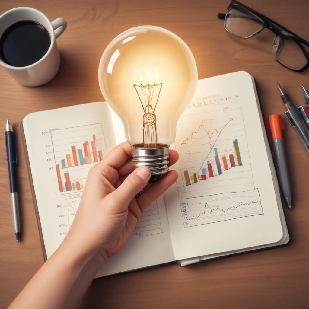 Hand holding a lightbulb over a notebook with financial graphs, symbolizing financial clarity and insight