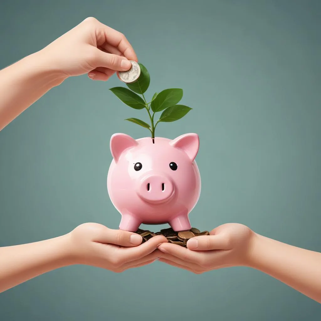 Hands holding a piggy bank and a small plant, symbolizing growth and savings