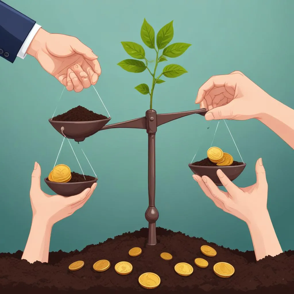 Hands holding a scale with coins on one side and a plant growing from soil on the other, symbolizing balanced growth