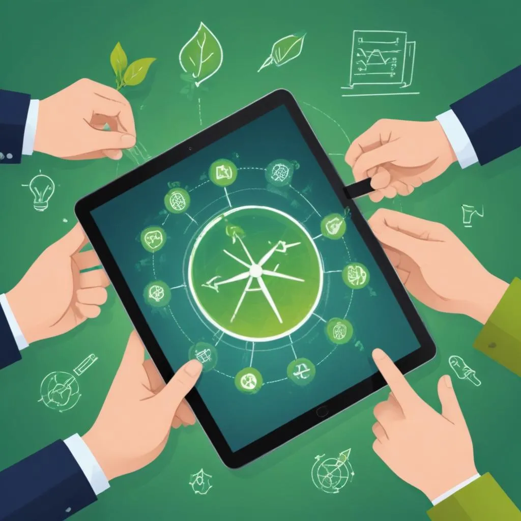Hands holding a tablet showing ESG investment metrics and green energy returns