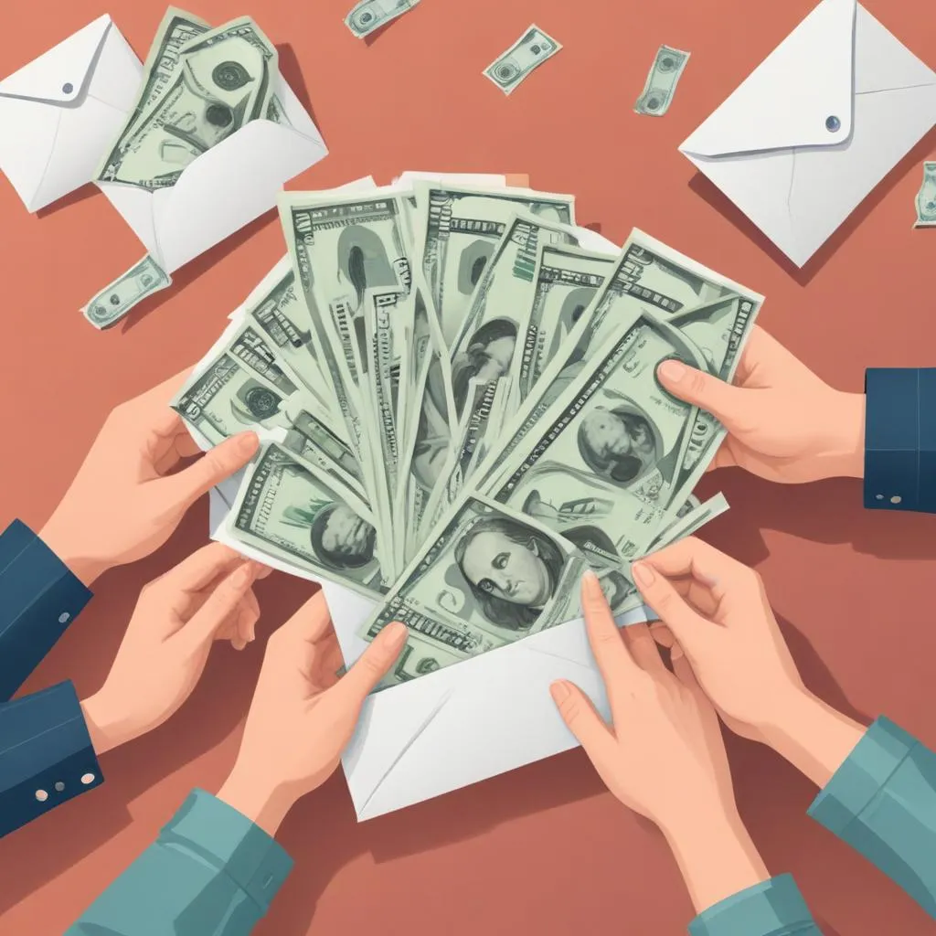 Hands organizing cash into different labeled envelopes for budgeting