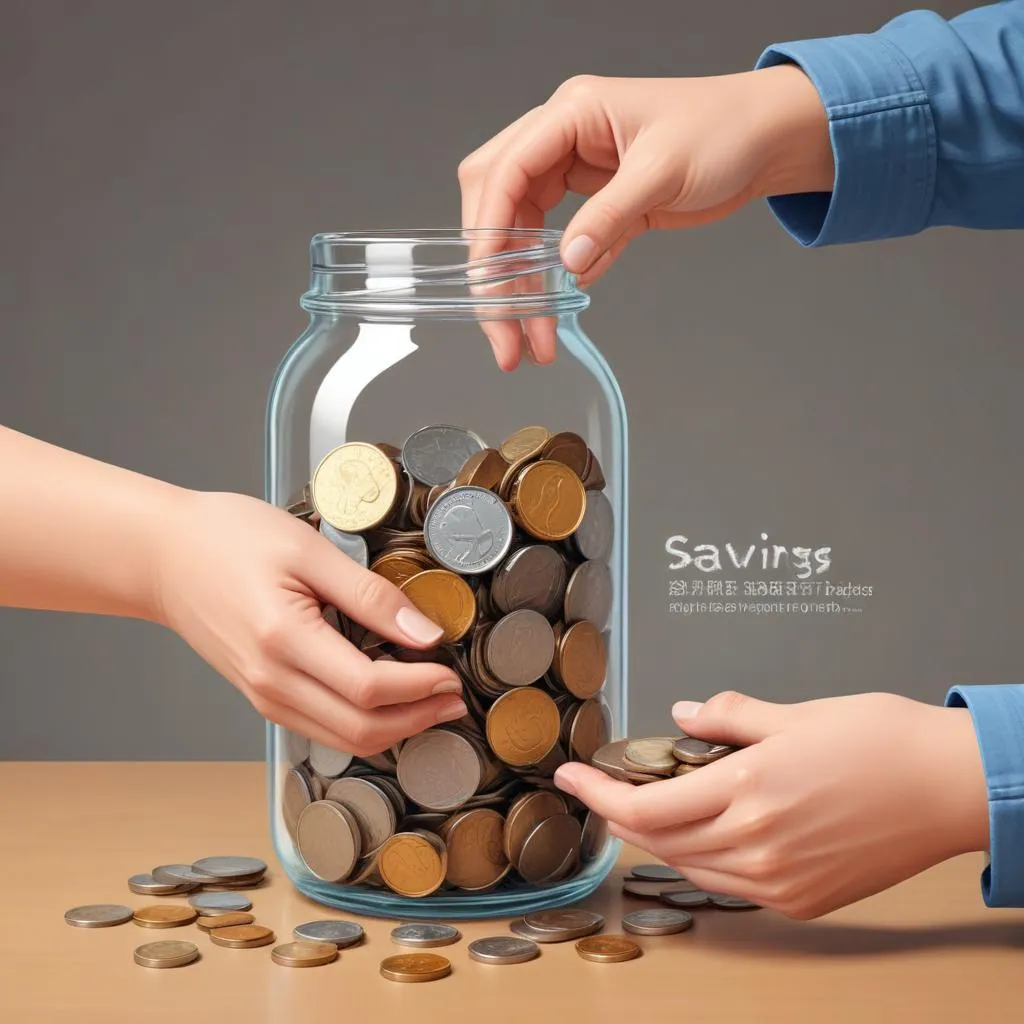Hands placing coins into a glass jar labeled savings, symbolizing consistent saving habits