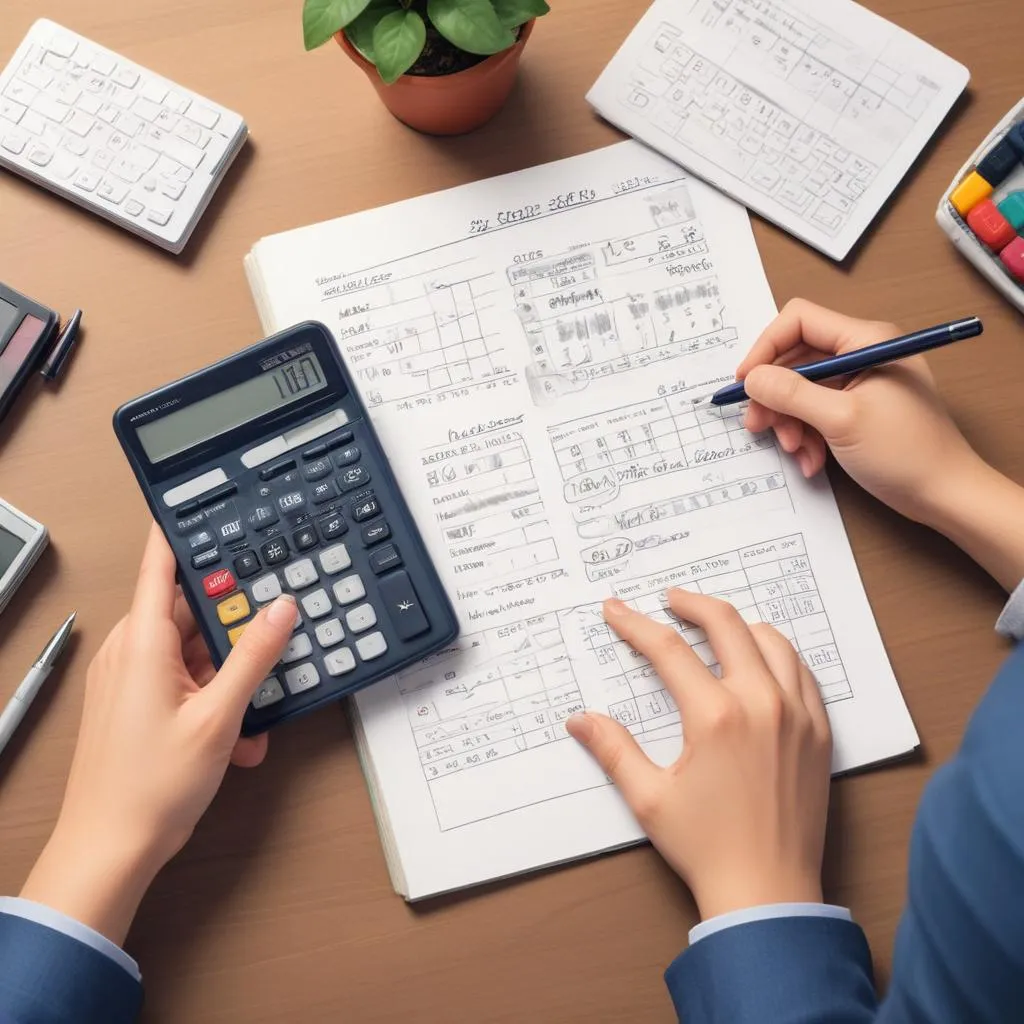 Hands using a calculator and notepad to plan a monthly cash flow budget
