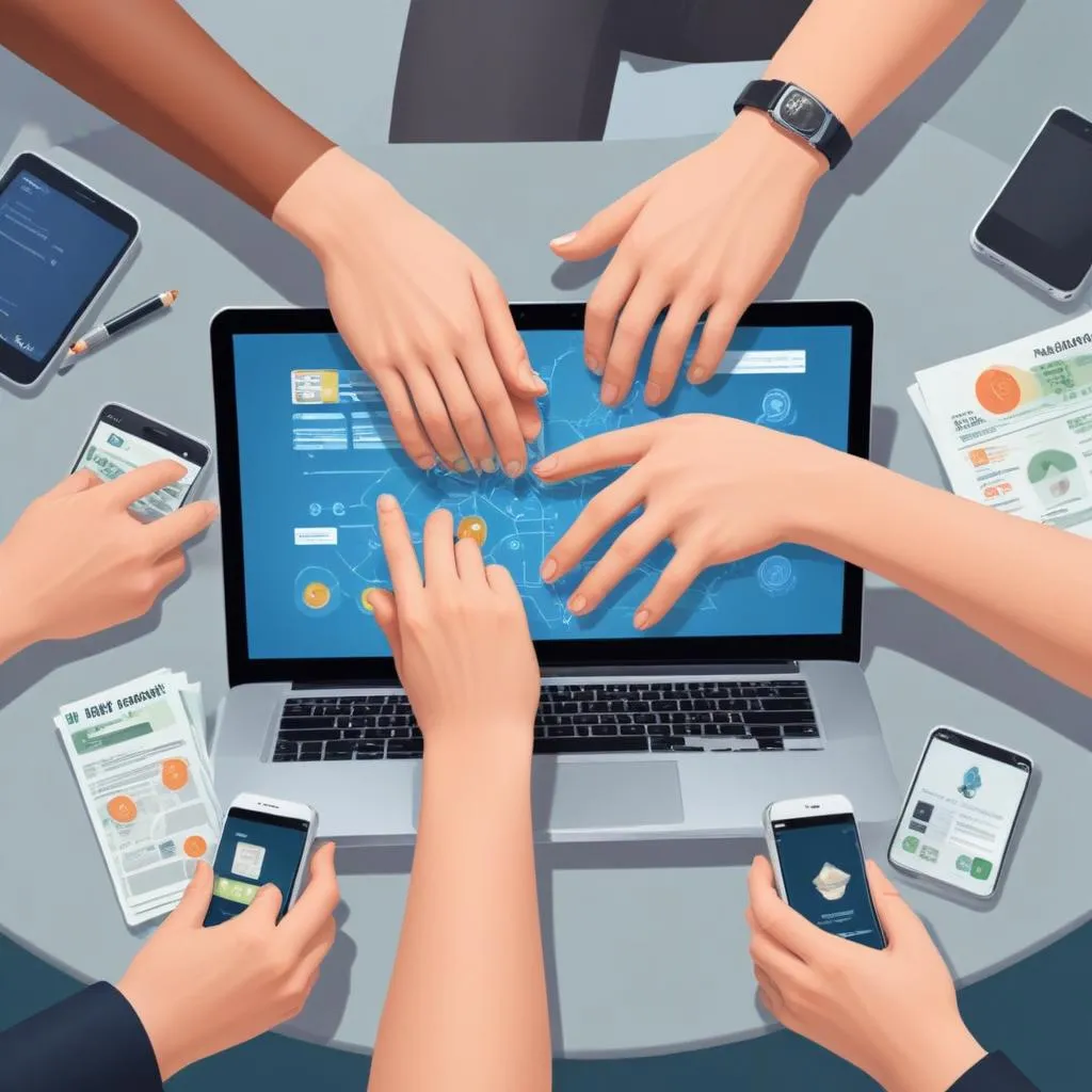 Hands using a laptop and smartphone to manage digital finance apps