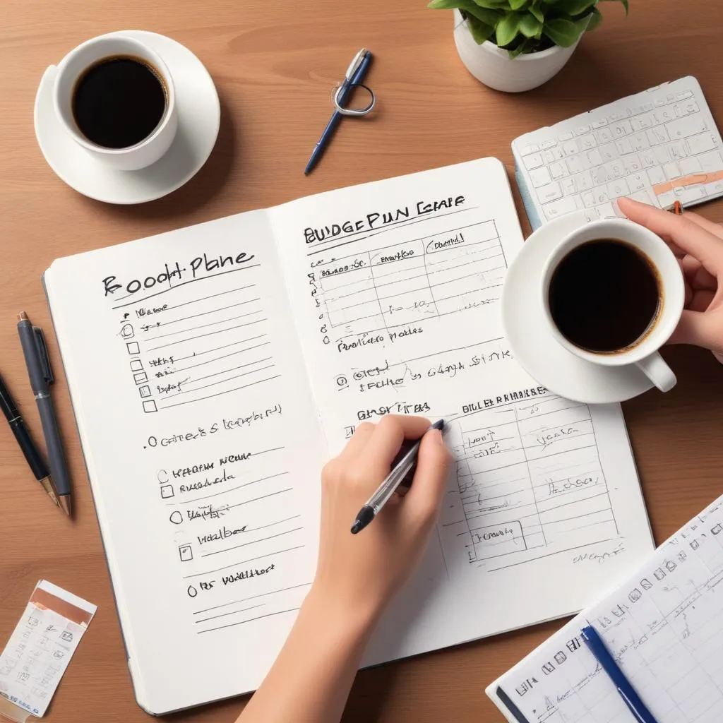 Hands writing a budget in a planner with a cup of coffee, showing practical steps to financial peace