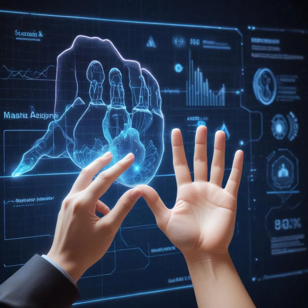 Human hand interacting with a holographic AI interface displaying data analytics