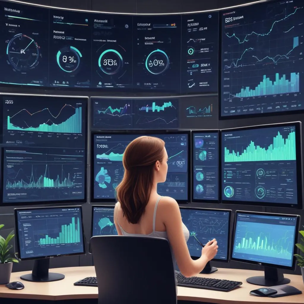Multiple digital screens showing different financial dashboards and data streams