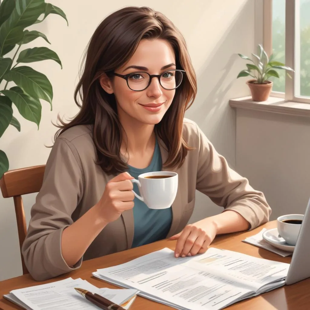 Person at peace, looking at a simple financial plan with a cup of coffee