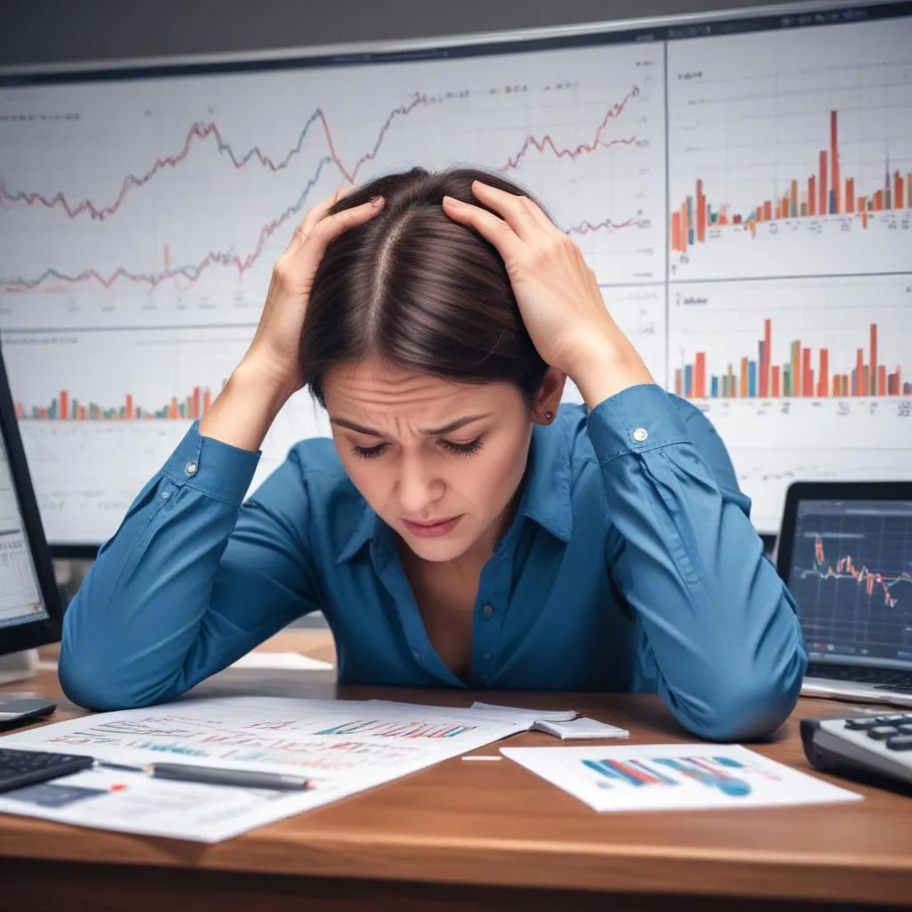 Person feeling overwhelmed with hands on head, financial charts in background