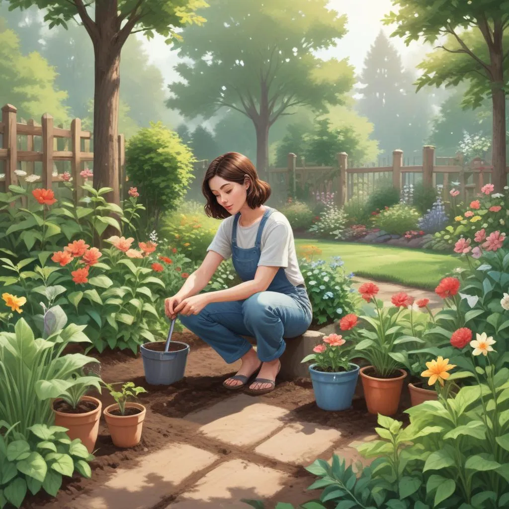 Person looking peaceful while gardening, representing balance away from financial screens