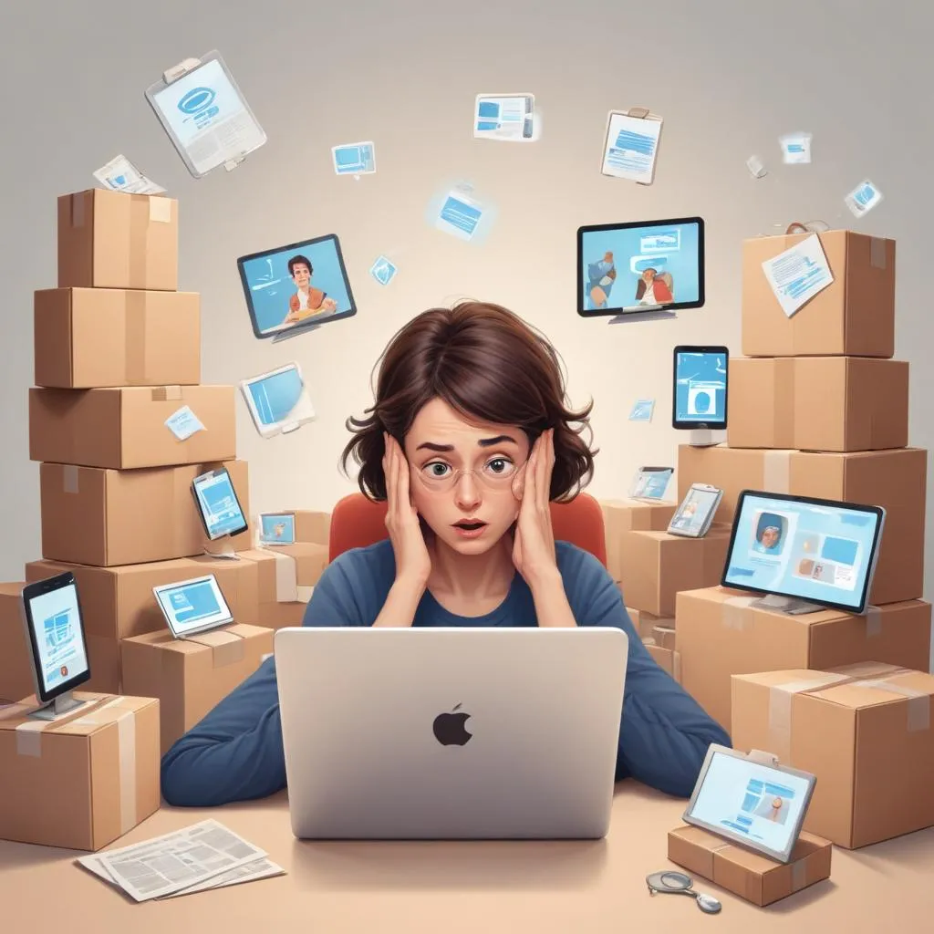 Person looking stressed surrounded by multiple device screens and delivery packages