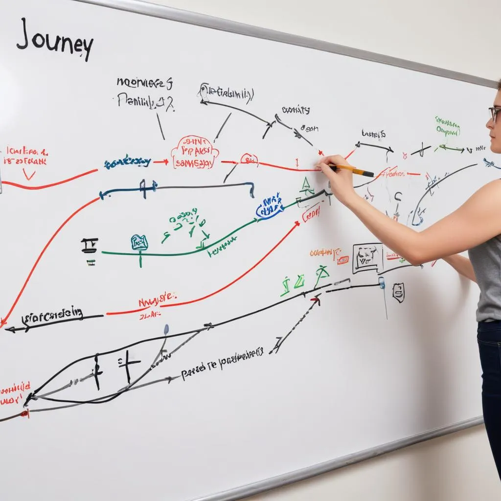 Person planning a non-linear journey on a whiteboard with multiple pathways