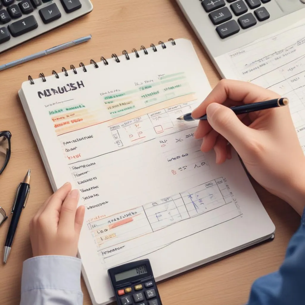 Person planning financial goals with notebook and calculator
