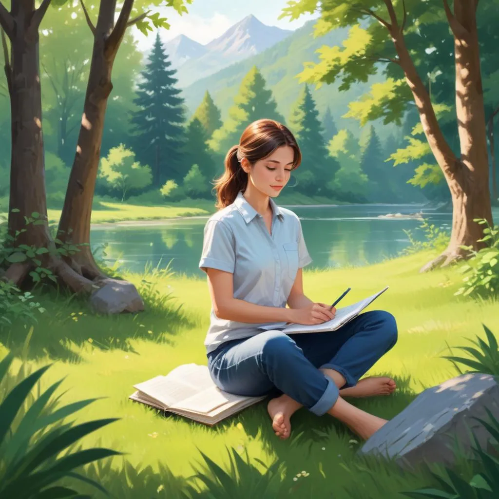 Person sitting calmly in nature, looking peaceful with a notebook, symbolizing financial clarity