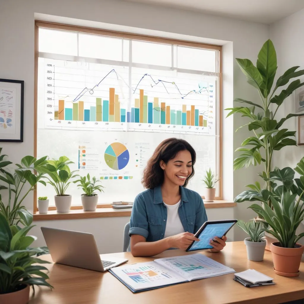 Person smiling while looking at a tablet showing positive financial charts, surrounded by plants in a calm home office