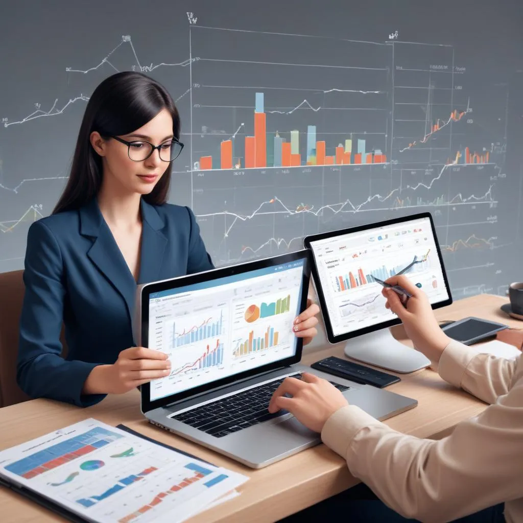 Person using a tablet with financial charts and a laptop showing data analytics
