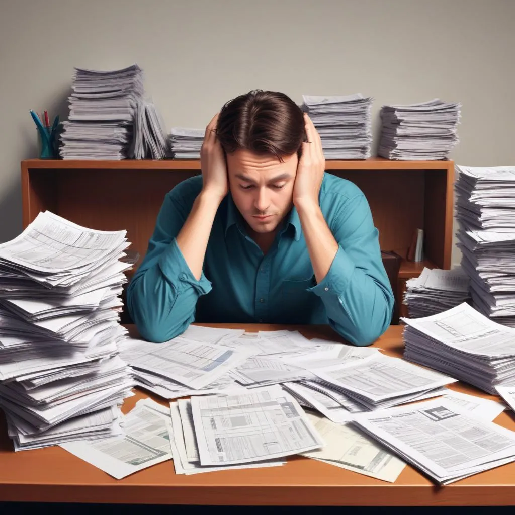 Person with head in hands sitting at a desk covered in bills and financial documents