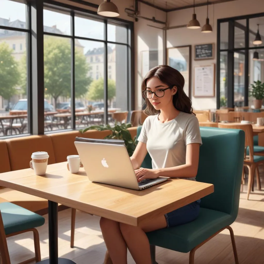 Person working comfortably on laptop in a cafe, symbolizing freedom from a single office job