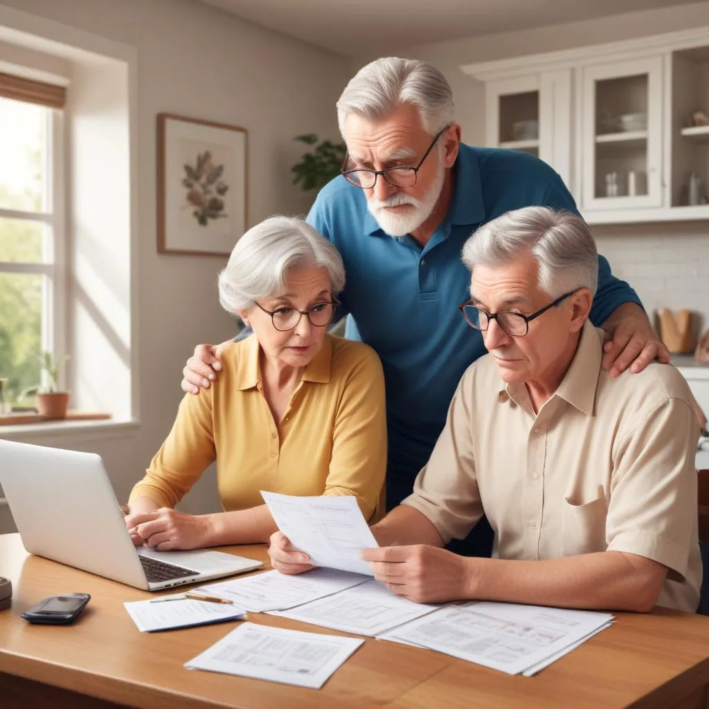 Senior couple looking concerned while reviewing finances together at home