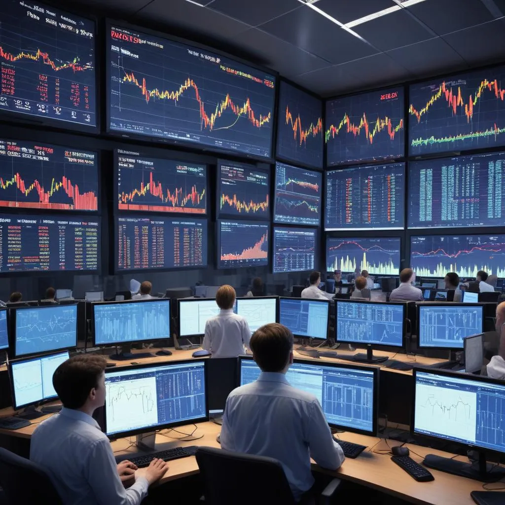 Stock market trading floor with data screens showing intense volatility