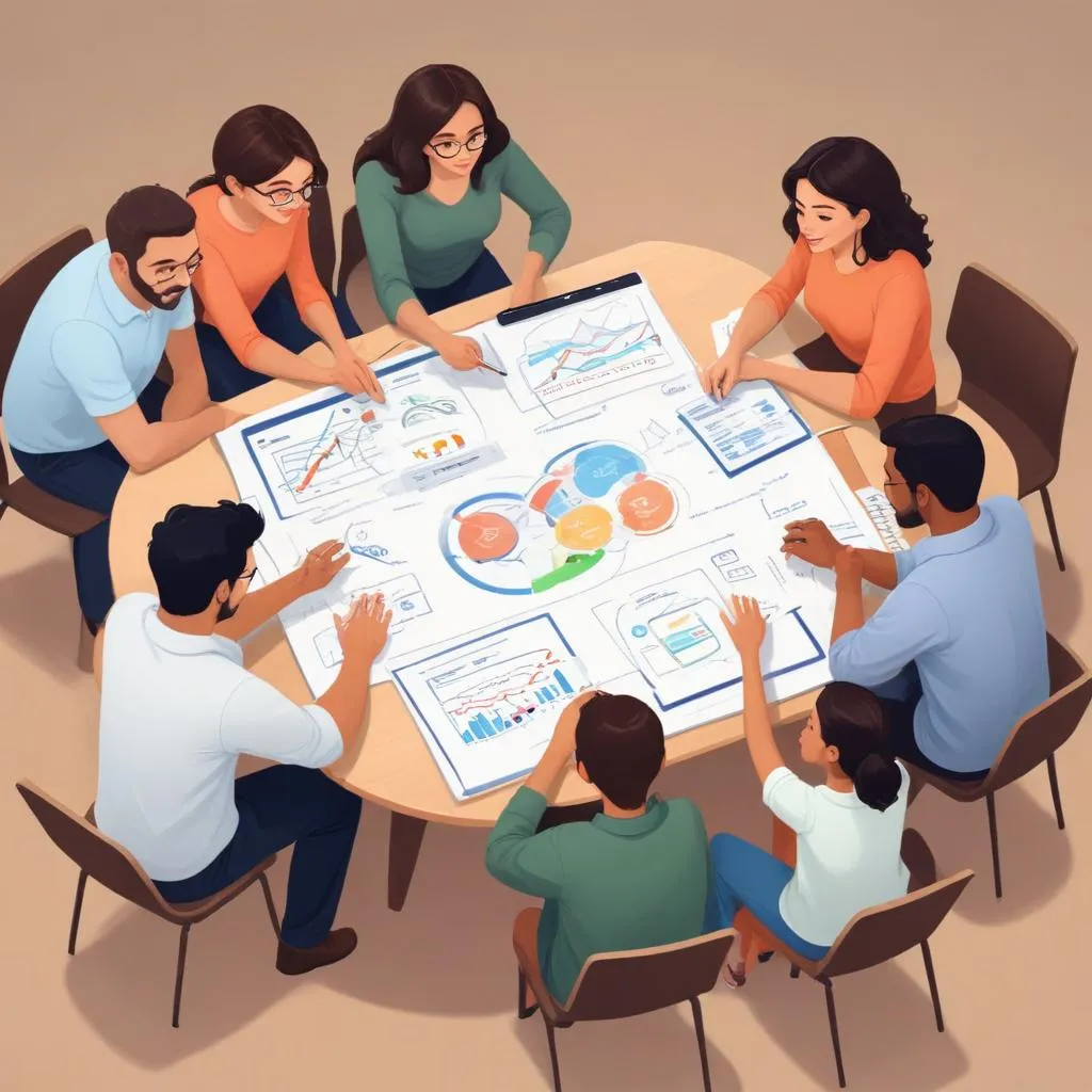 Team collaborating over a simple, visual financial plan on a tablet