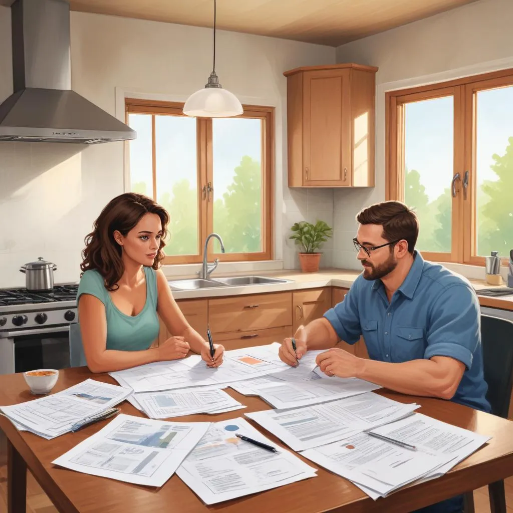 Two people discussing financial plans and budget with documents at a kitchen table